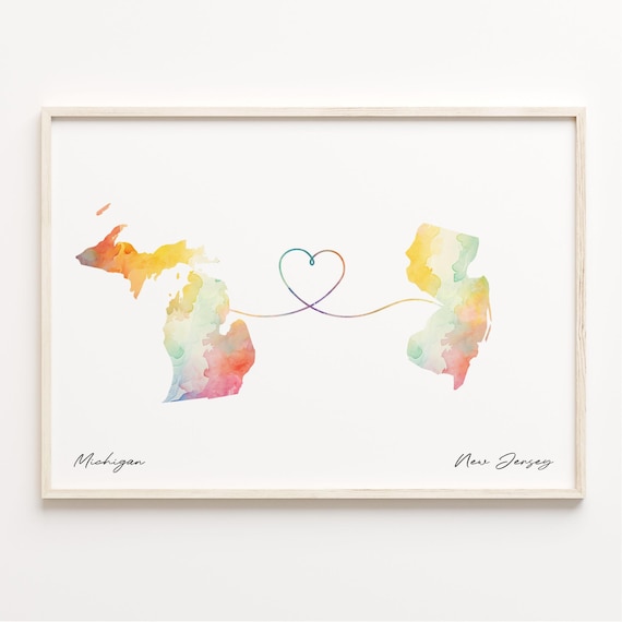 Michigan To New Jersey Watercolor Heart Map Long Distance Love Poster