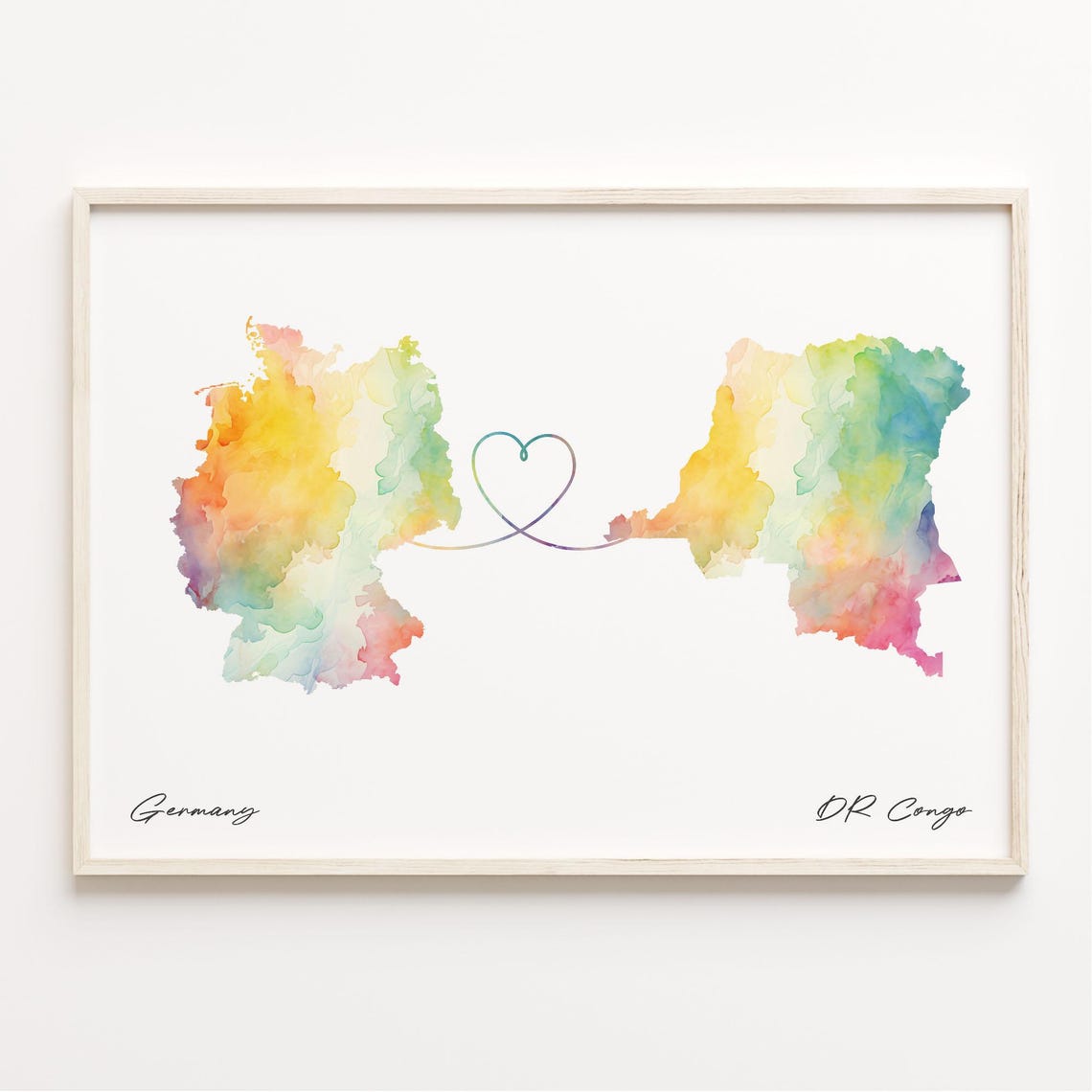 Germany to DR Congo Watercolor Heart Map Long Distance Poster