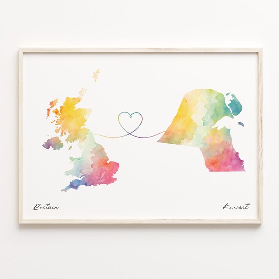 Britain To Kuwait Watercolor Map Heart Long Distance Love Poster