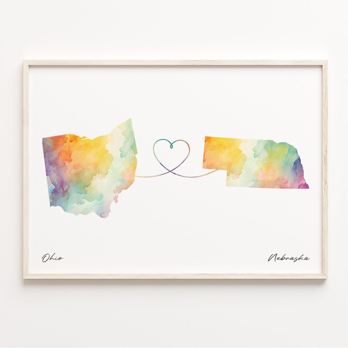 Ohio To Nebraska Watercolor Map Heart Sweet Connection Art Poster
