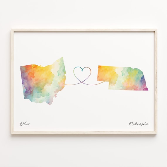 Ohio To Nebraska Watercolor Map Heart Sweet Connection Art Poster