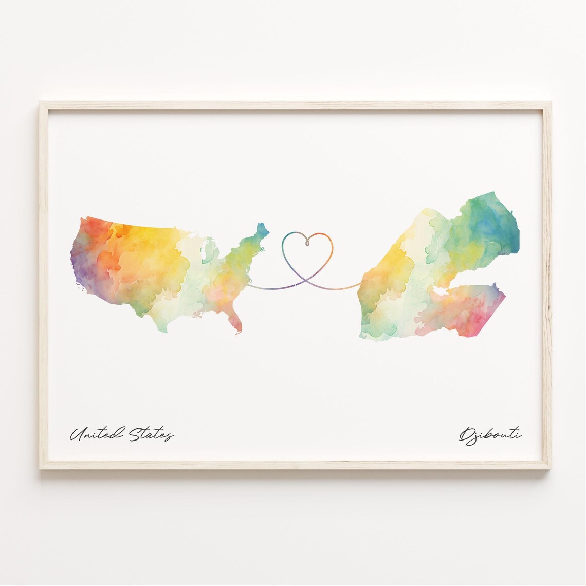 United States to Djibouti Watercolor Heart Connection Map Poster