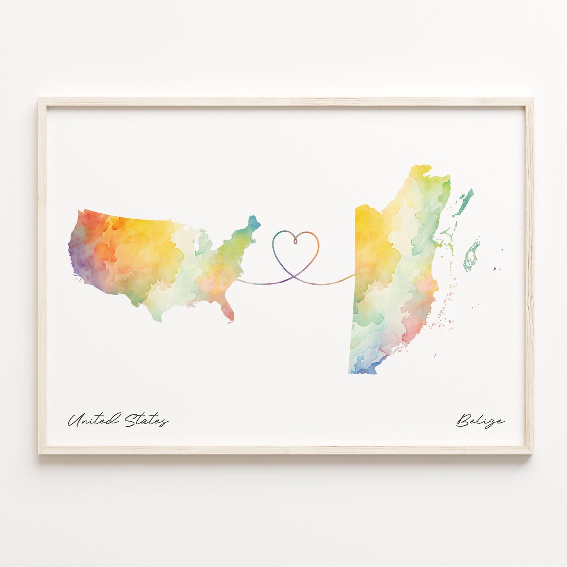 United States Belize Watercolor Map Heart Connection Wall Art