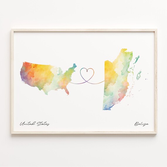 United States Belize Watercolor Map Heart Connection Wall Art