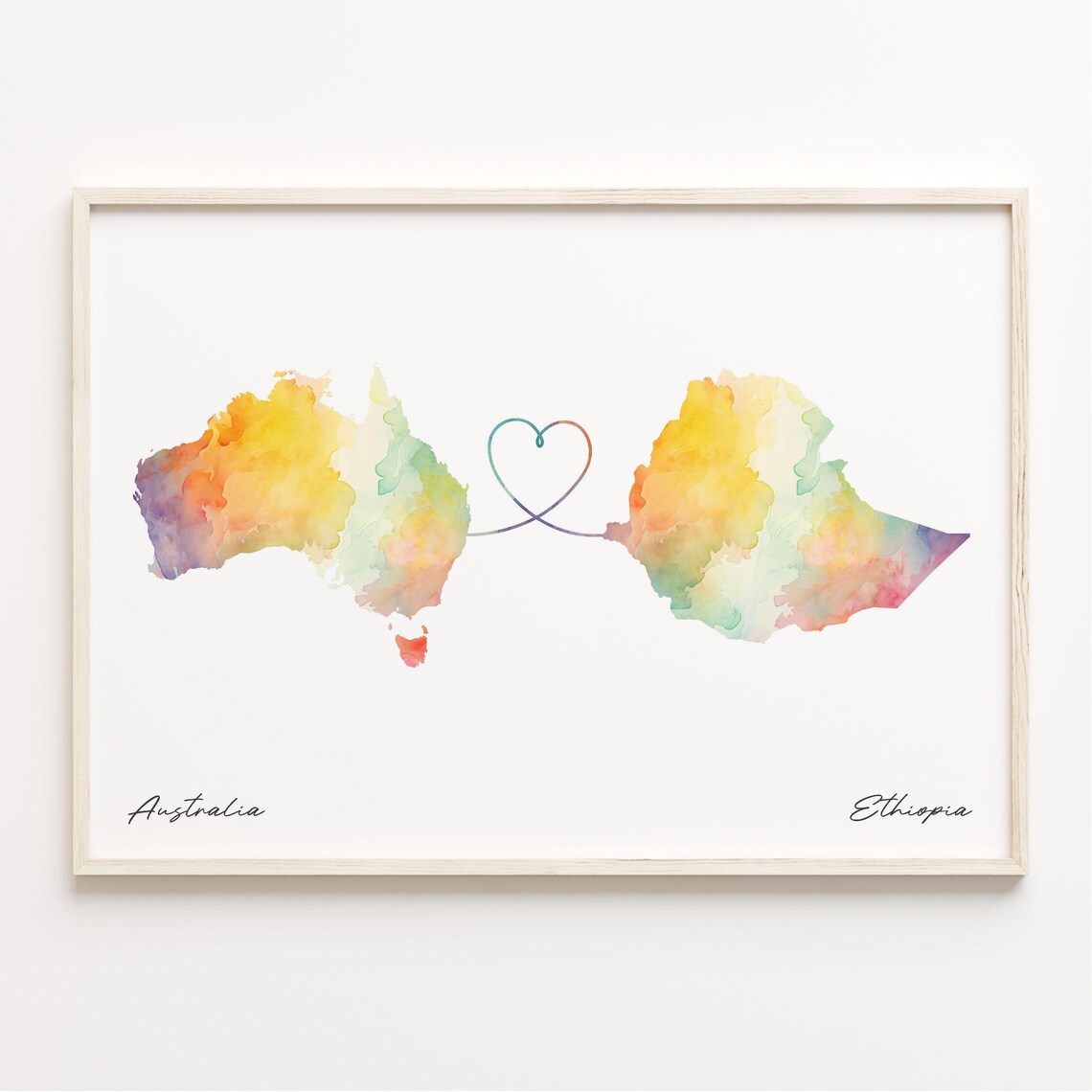Australia to Ethiopia Long Distance Watercolor Heart Map Art Print