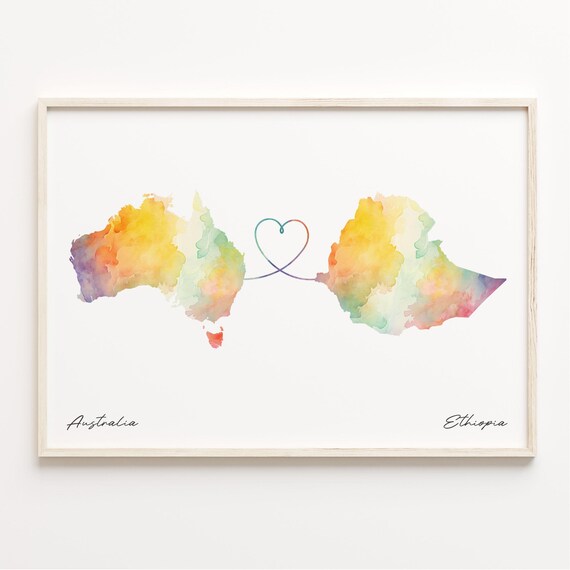 Australia to Ethiopia Long Distance Watercolor Heart Map Art Print
