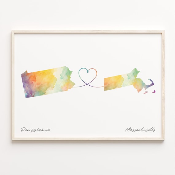Pennsylvania to Massachusetts Heart Line Watercolor Map Poster