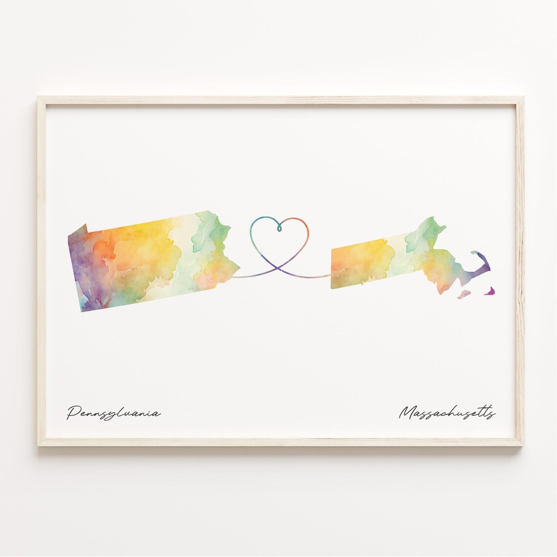 Pennsylvania to Massachusetts Heart Line Watercolor Map Poster