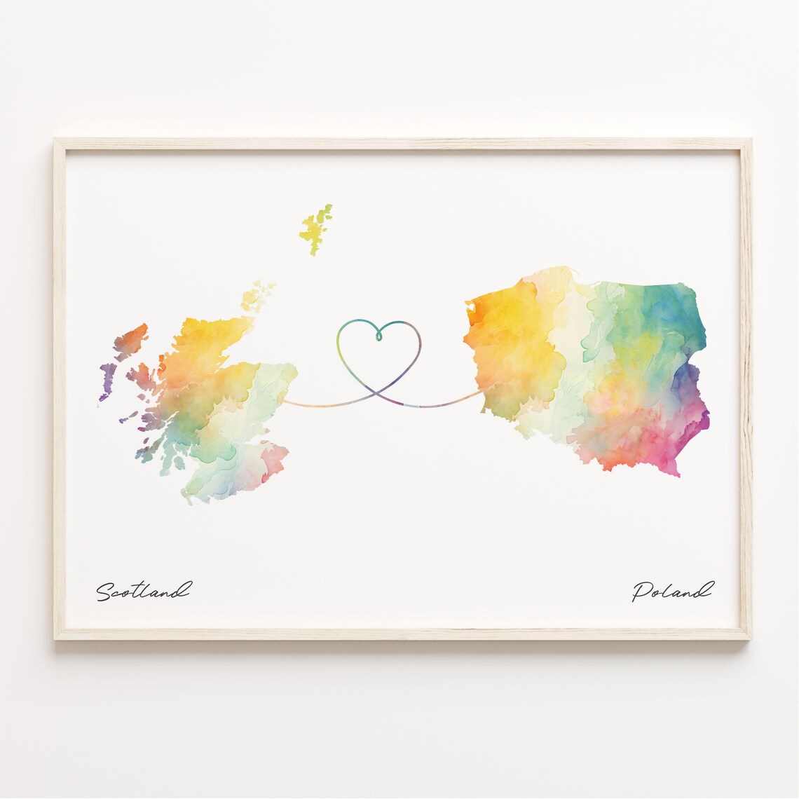 Scotland To Poland Heart Connection Watercolor Map Travel Gift Poster