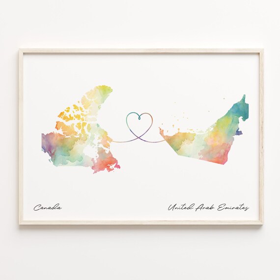 Canada to United Arab Emirates Watercolor Heart Map Connection Print