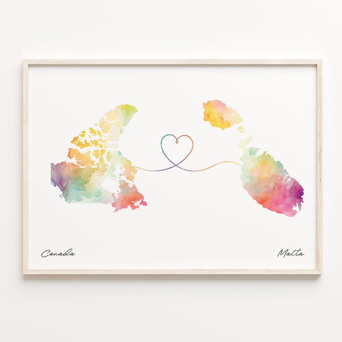 Canada To Malta Watercolor Heart Map Long Distance Gift Poster