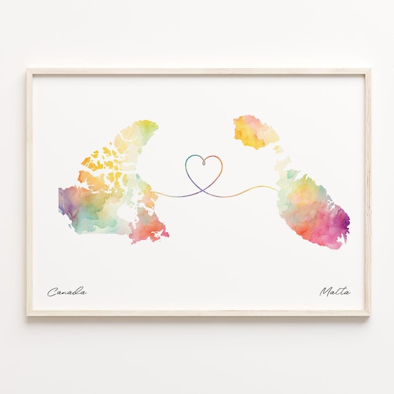 Canada To Malta Watercolor Heart Map Long Distance Gift Poster