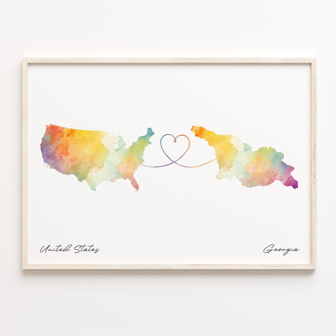 United States to Georgia Watercolor Long Distance Love Map Poster