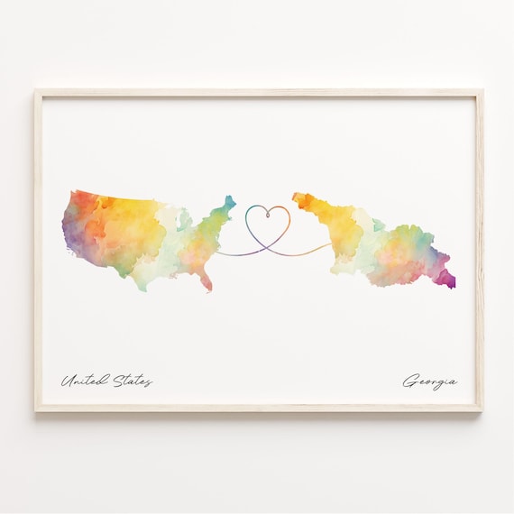 United States to Georgia Watercolor Long Distance Love Map Poster