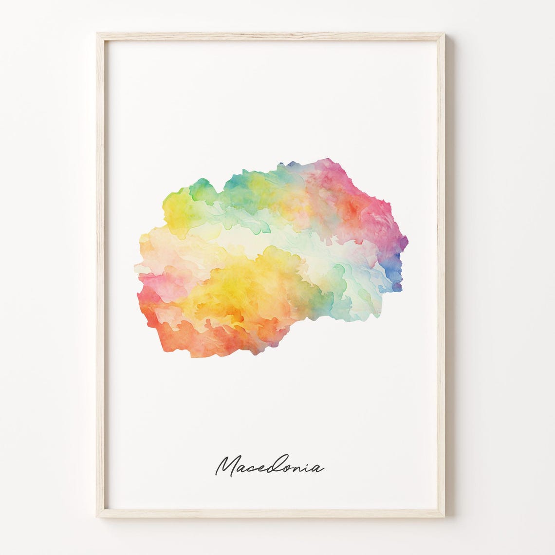 Macedonia Watercolor Map Rainbow Script Minimalist Country Wall Art