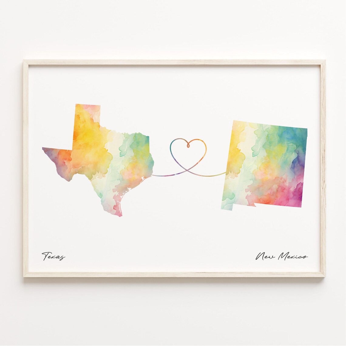 Texas to New Mexico Watercolor Map Heart Long Distance Art Print