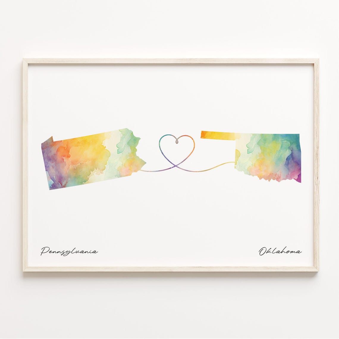 Pennsylvania Oklahoma Watercolor State Map Heart Connection Poster