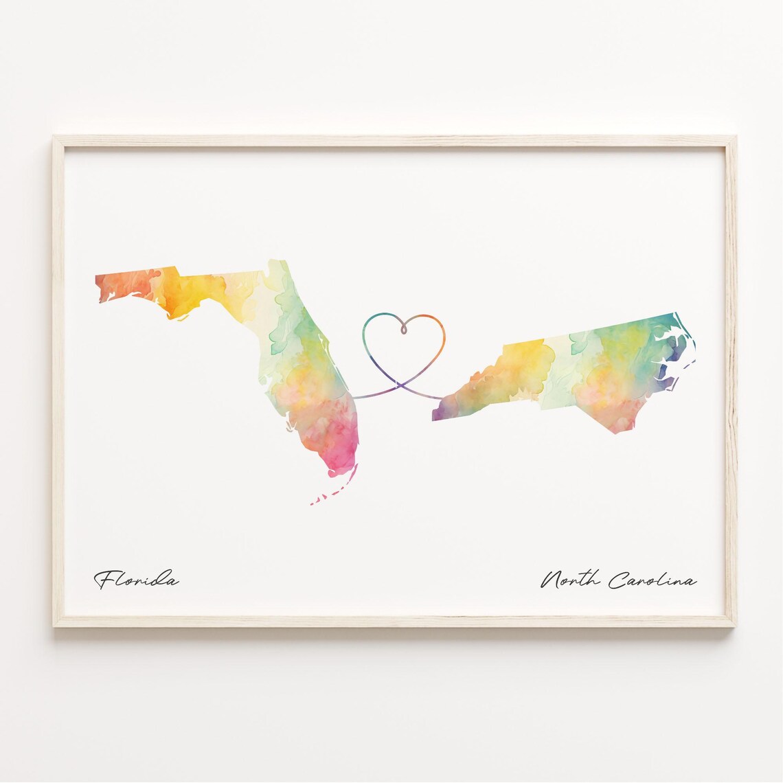 Florida to North Carolina Watercolor Map Heart Connection Poster