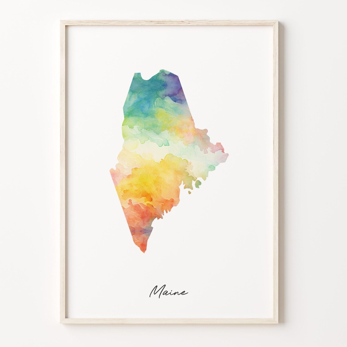 Vibrant Watercolor Maine State Map Colorful Silhouette Art Poster