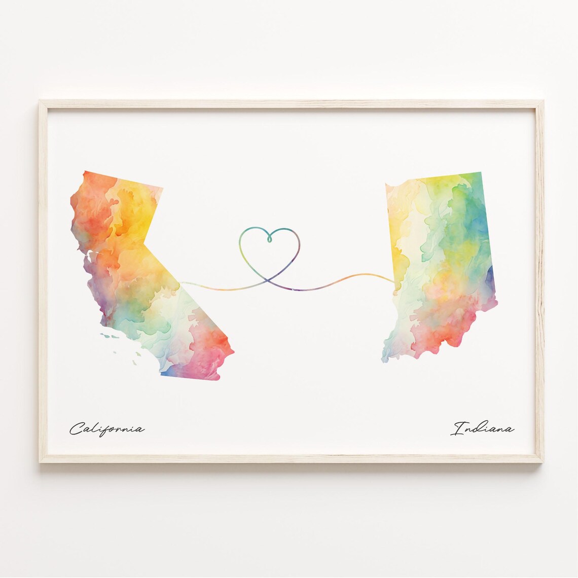 California to Indiana Watercolor Map Heart Print Long Distance Love