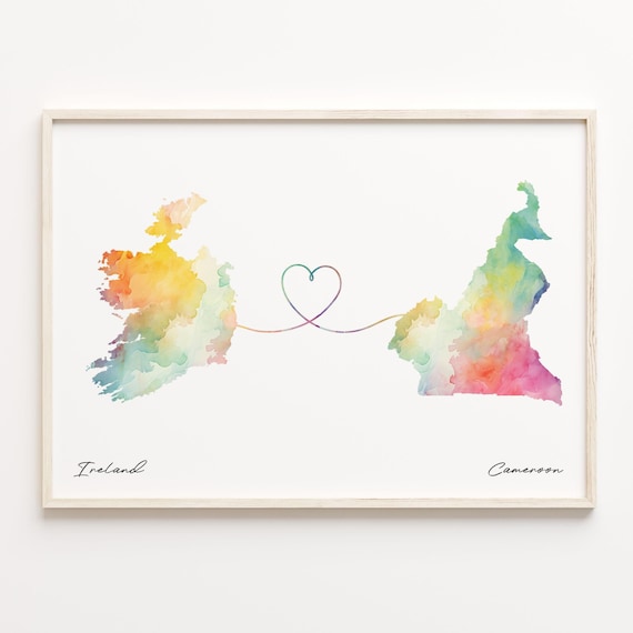 Ireland to Cameroon Watercolor Heart Map Long Distance Love Poster