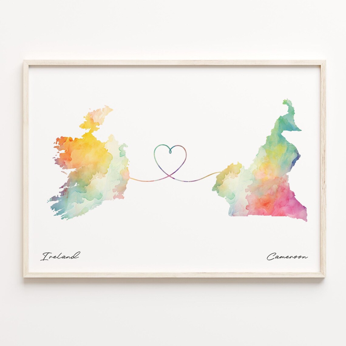 Ireland to Cameroon Watercolor Heart Map Long Distance Love Poster