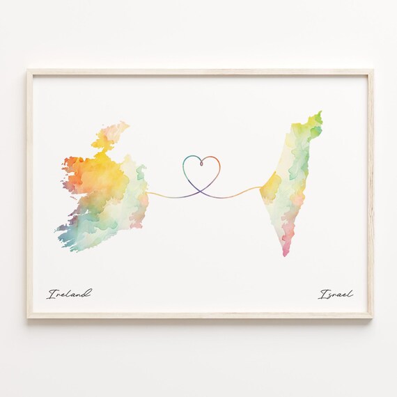 Ireland To Israel Watercolor Heart Connection Map Journey Print