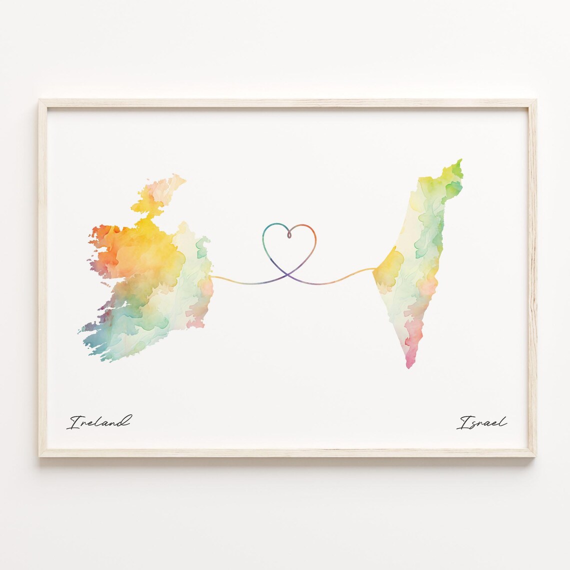 Ireland To Israel Watercolor Heart Connection Map Journey Print