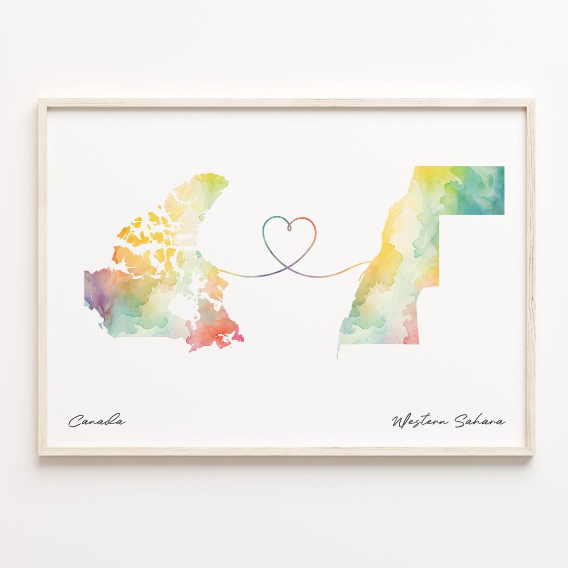 Canada to Western Sahara Watercolor Heart Map Long Distance Poster