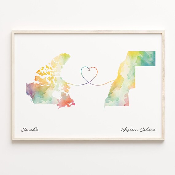 Canada to Western Sahara Watercolor Heart Map Long Distance Poster