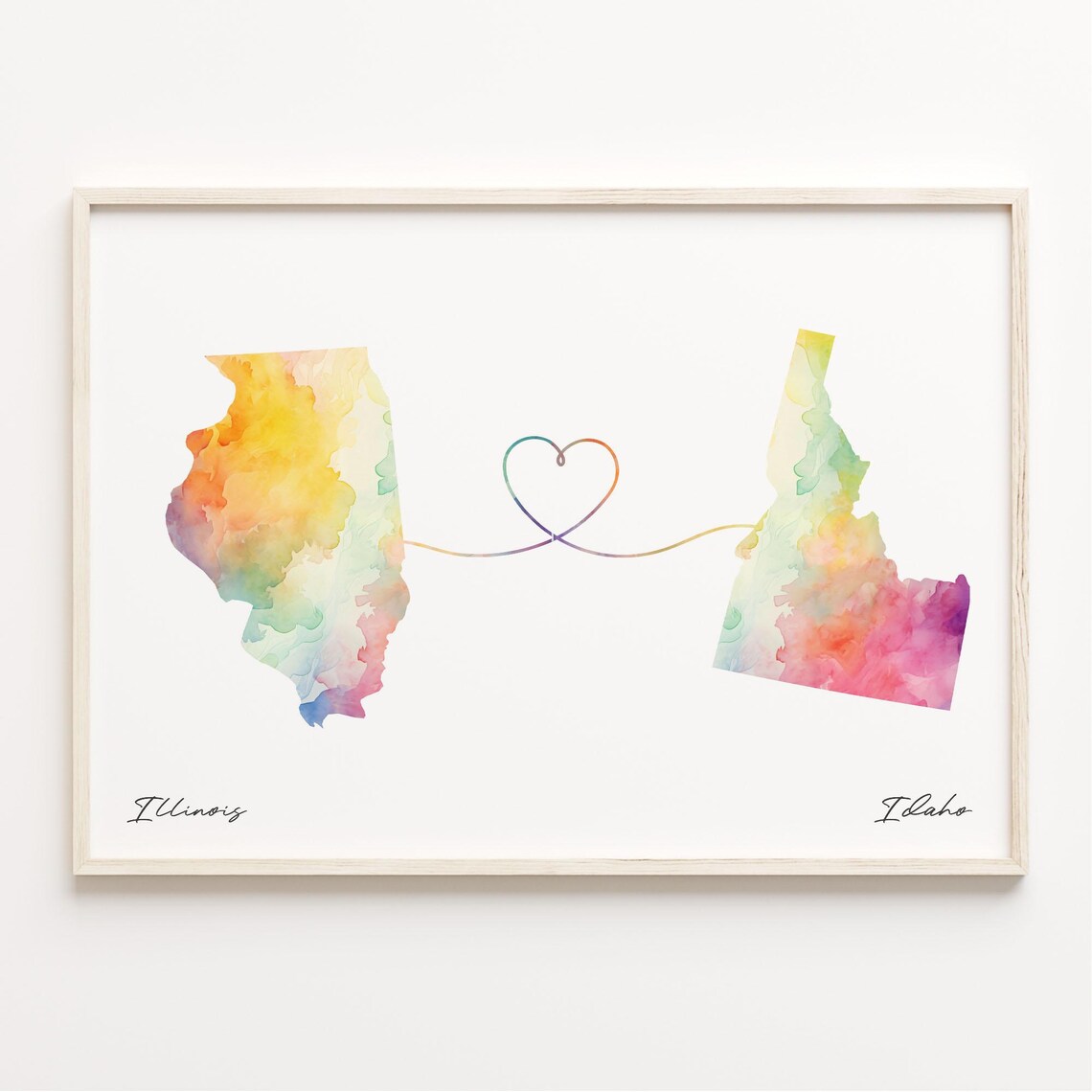 Illinois To Idaho Watercolor State Map Heart Connection Art Poster