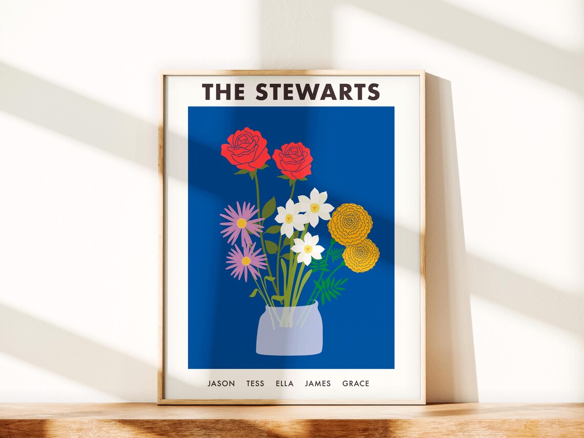 Personalized Birth Flower Bouquet Family Portrait on Blue Art Print