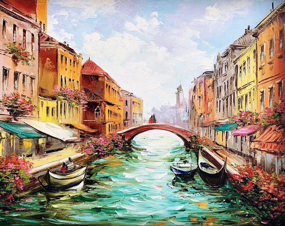 Venice Italy Canal Bridge Gondolas Flowers Old Town Art Poster