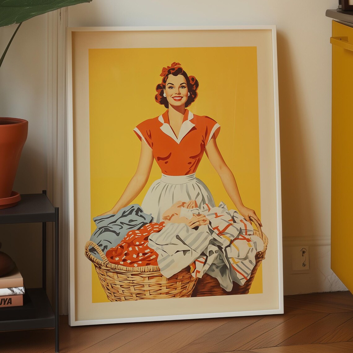 Cheerful Retro 1950s Laundry Lady With Basket Vintage Pin Up Poster