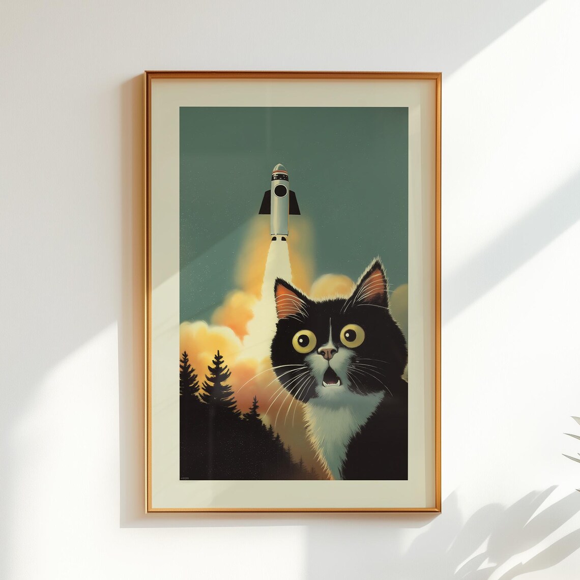 Space Cat Retro Sci Fi Art Print, Rocket Launch