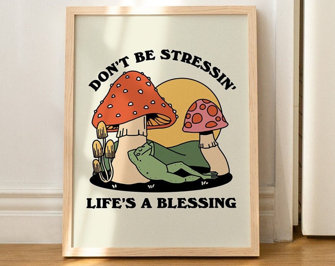 Groovy Frog Retro Mushroom Art Print, 70s Style