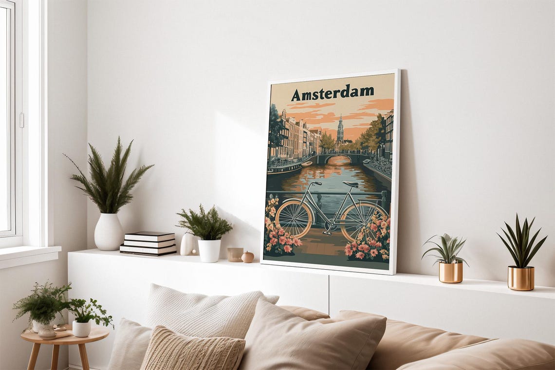 Amsterdam Canal At Sunset With Bicycle And Flowers Travel Poster