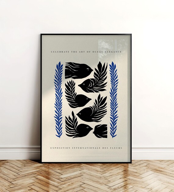 Blue Wall Art Fish Print For Kids Room Decor Coastal Folk Chubby Gift Eclectic Nursery
