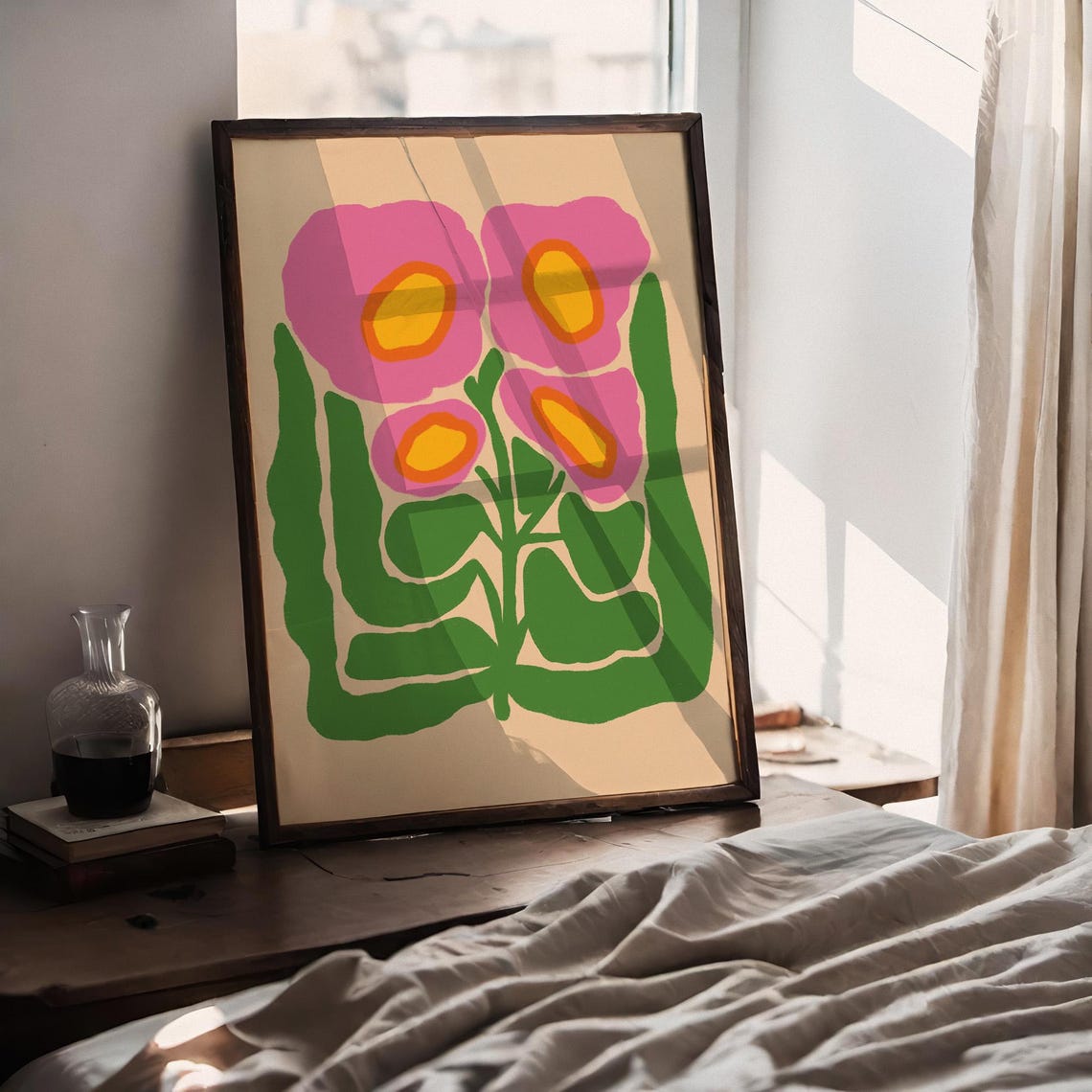Pink Poppy Abstract Botanical Green Stems Modern Floral Art Poster