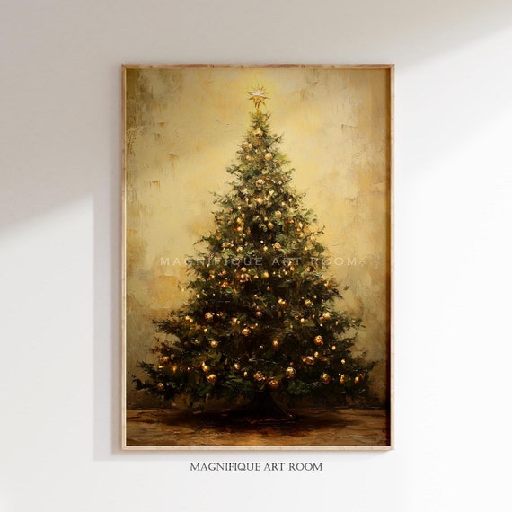 Vintage Moody Christmas Tree Wall Art Xmas Trees Oil Painting Winter Farmhouse Print Rustic Christmas Cottagecore Decor W95