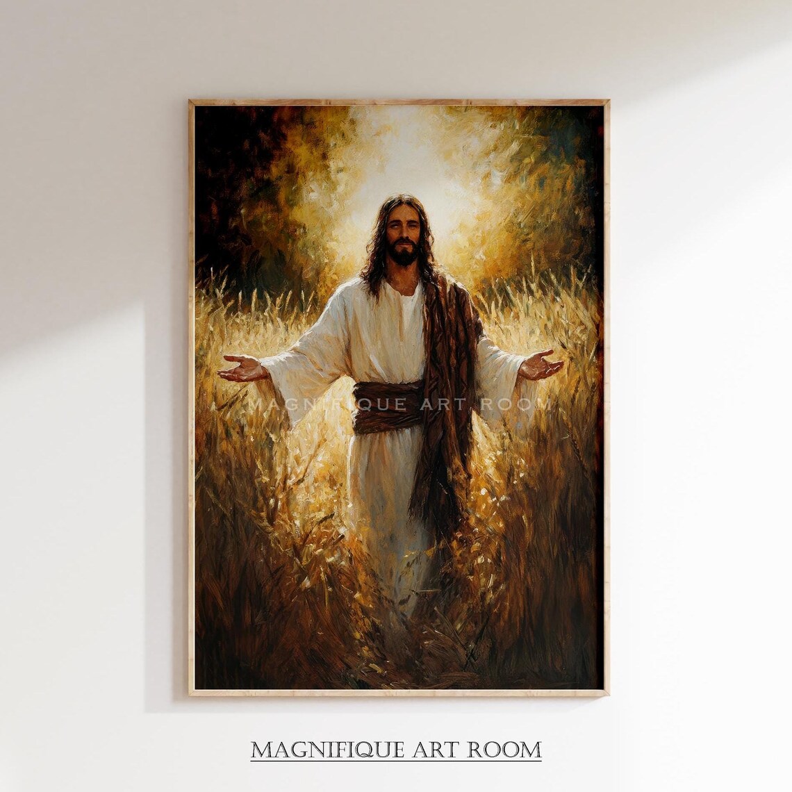 Jesus Standing In Wheat Field Arms Open Golden Harvest Christian Poster