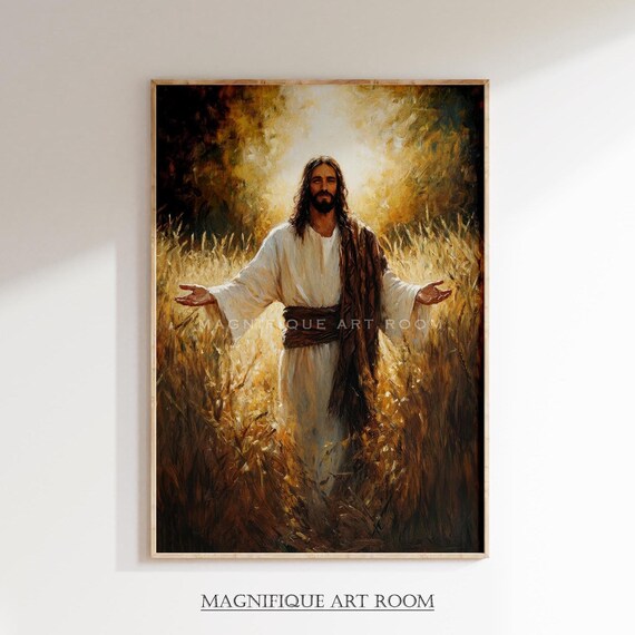 Jesus Standing In Wheat Field Arms Open Golden Harvest Christian Poster