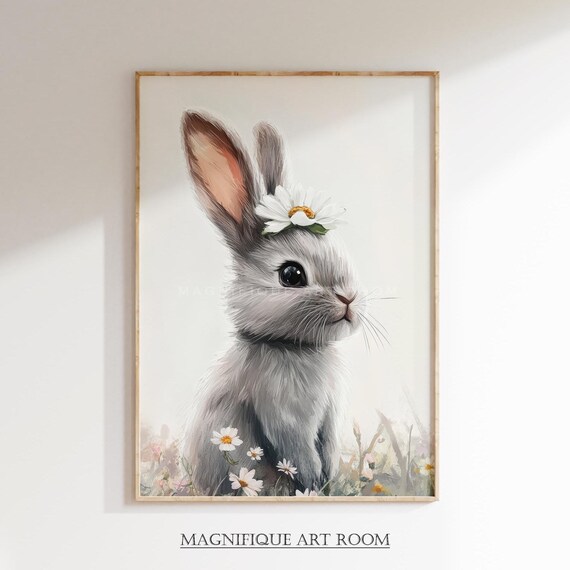 Cute Bunny Art Print, Neutral Nursery Spring Decor