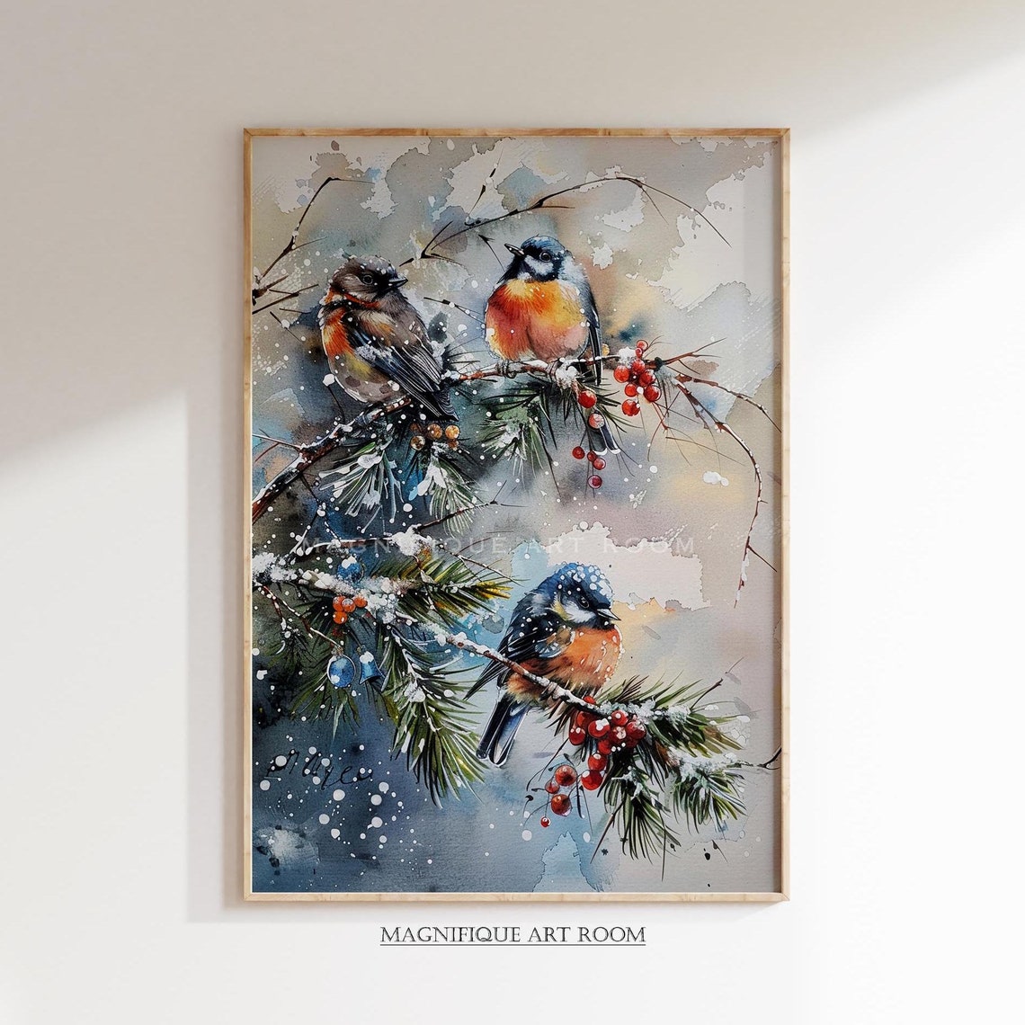 Winter Birds Snowy Pine Branches Red Berries Watercolor Wall Art Print