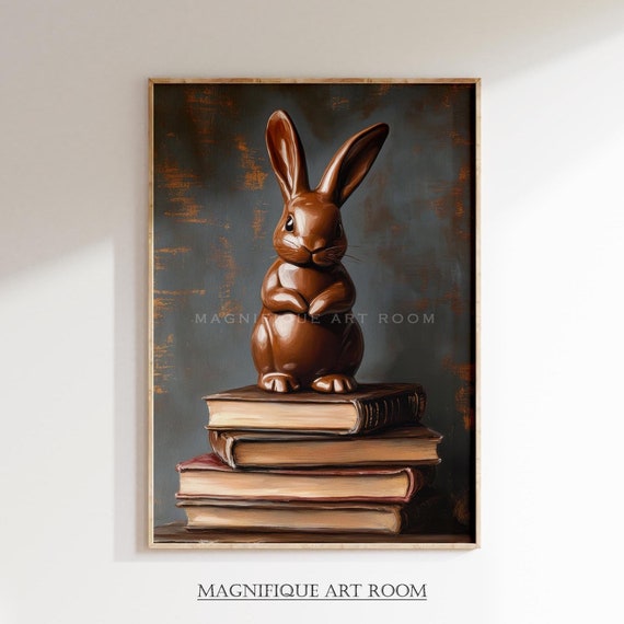 Vintage Ester Bunny Wall Art Chocolate Bunny Painting Vintage Spring Decor Moody Rabbit Prints S24
