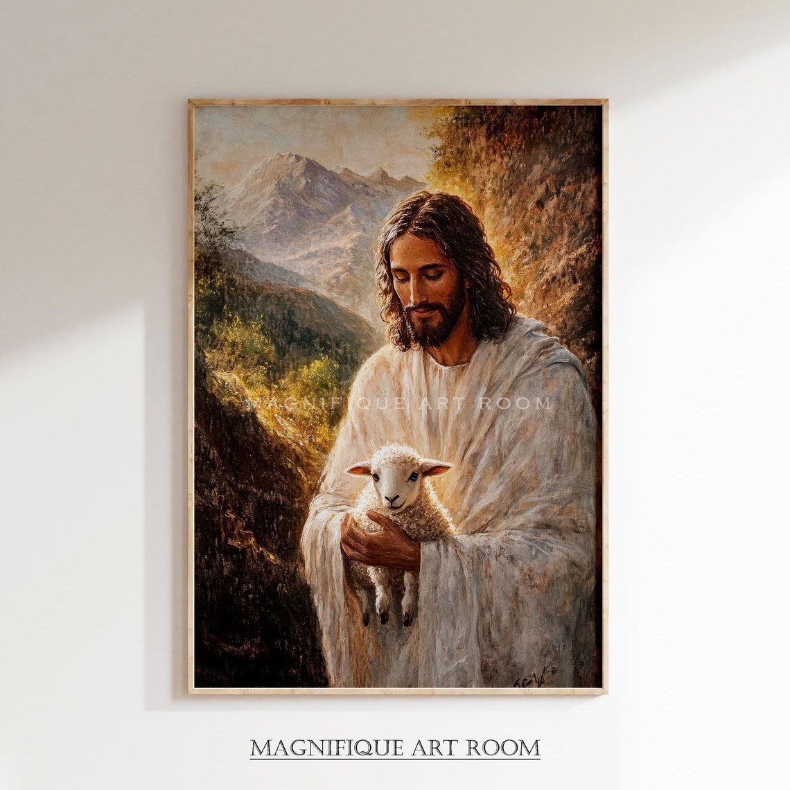 Jesus Holding Lamb In Mountains Warm Golden Glow Christian Oil Poster