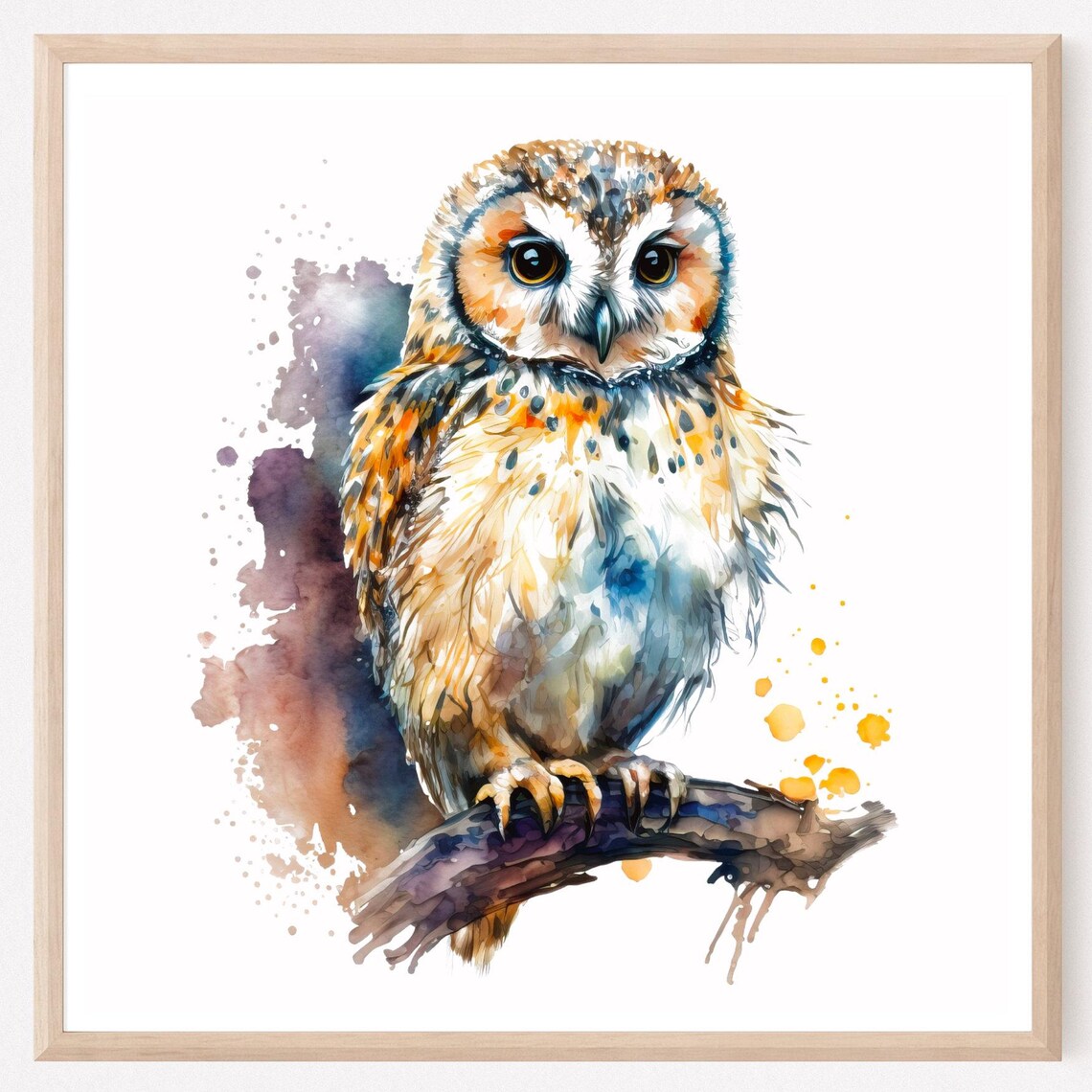Cute Barn Owl Watercolor Perched On Branch Bird Painting Poster