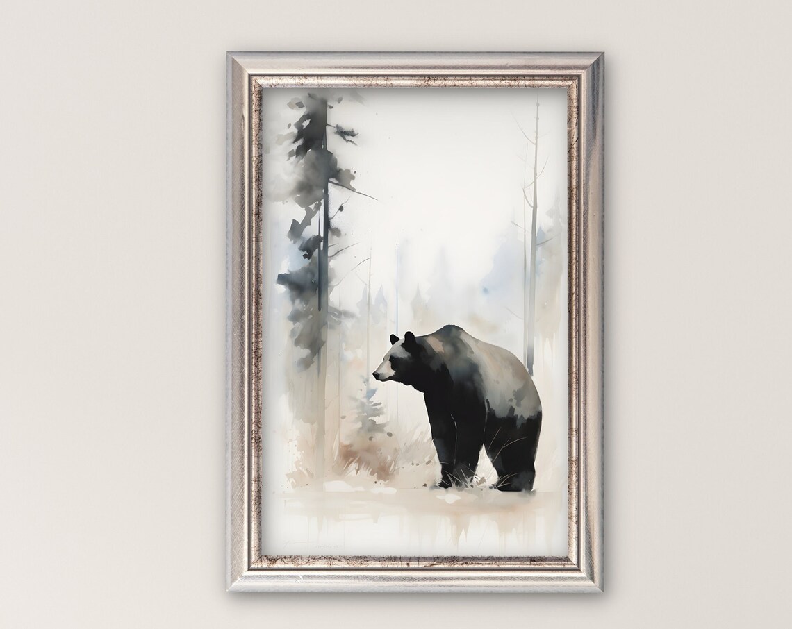 Watercolor Black Bear in Misty Pine Forest Animal Art Poster with Soft Wash