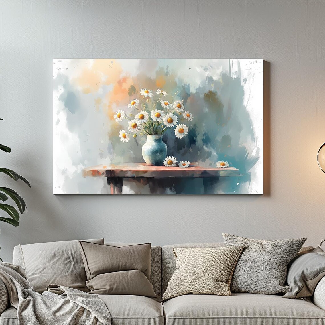 Cheerful White Daisies in Blue Vase Soft Watercolor Floral Poster