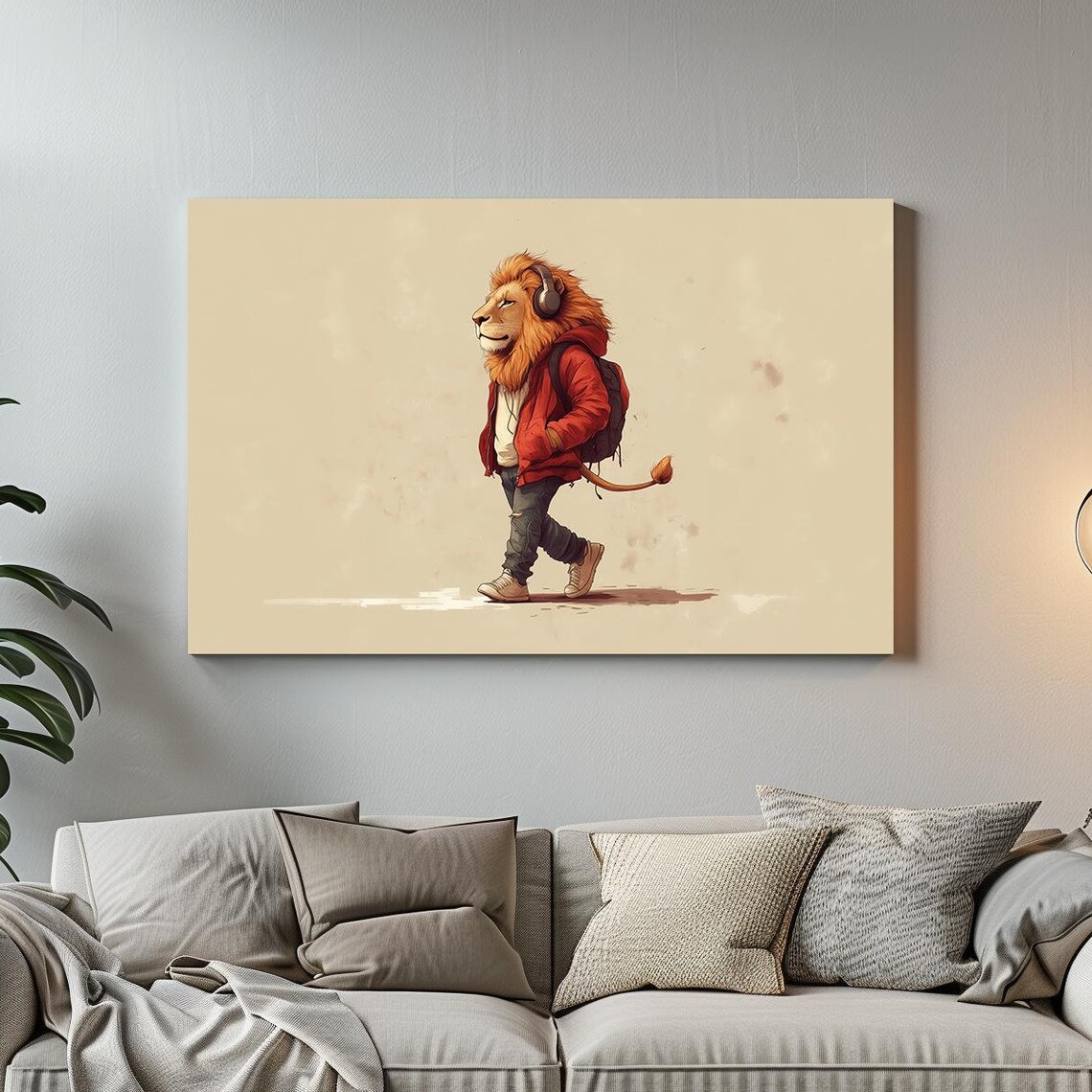 Hipster Lion in Red Hoodie Headphones Cool Streetwear Animal Poster